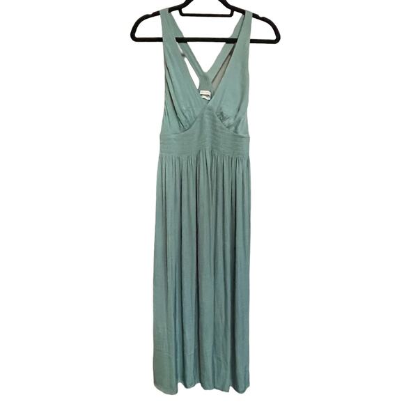 Urban OutFitters Dress Valerie‎ Smocked Satin Midi Pleated V Neck Slip Sz L - Picture 1 of 11